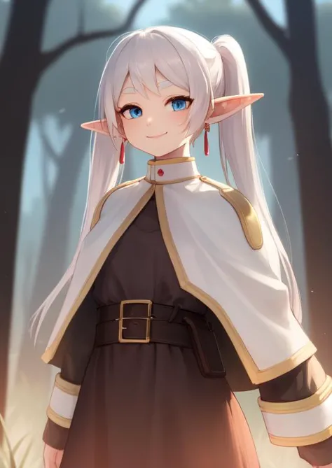 a girl with long white hair and blue eyes stands in a forest