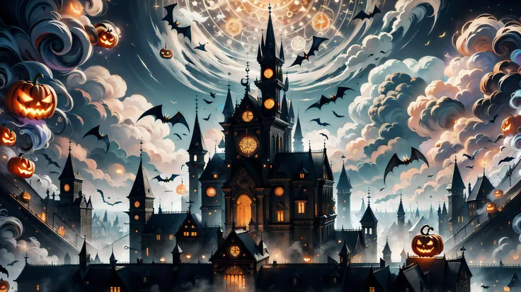 a close up of a castle with a clock tower and a lot of pumpkins