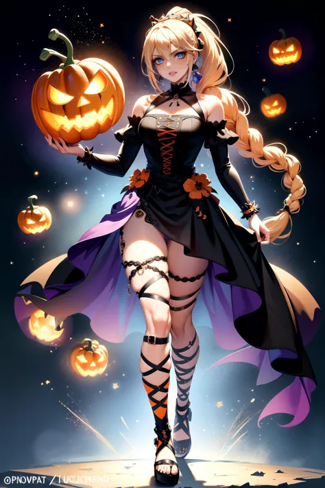 a woman in a dress and boots holding a pumpkin