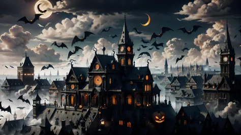 a close up of a castle with bats flying in the sky