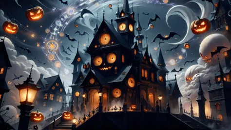 halloween night scene with a castle and pumpkins in the sky