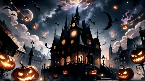 halloween pumpkins are flying around a castle with a clock tower