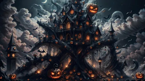 halloween castle with pumpkins and bats in the sky