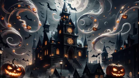 halloween castle with pumpkins and ghosty lights in the dark