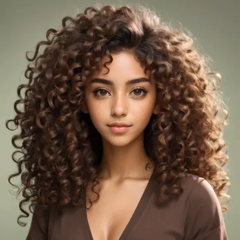 South American woman with 3c curly hair, medium length and olive skin. Anime Style,South American woman with 3c curly hair, medi...