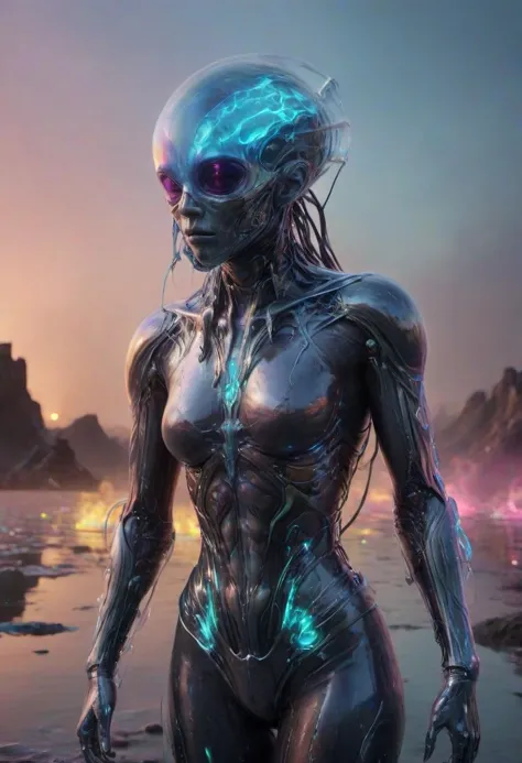 a woman in futuristic clothing standing on a beach with a futuristic body