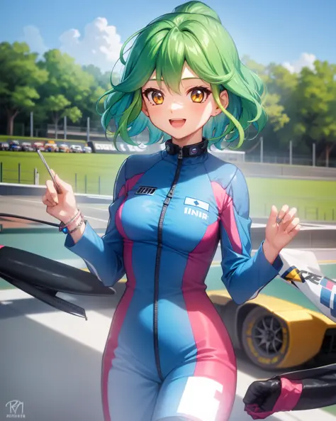 1girl, rin, green hair, short hair, yellow eyes, blue racing costume, zipper, bracelet,
outdoors, race track, :D

<lora:Rin v2 e...