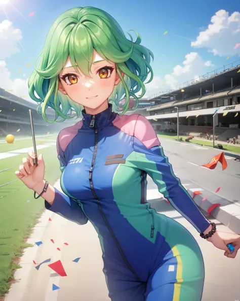 1girl, rin, green hair, short hair, yellow eyes, blue racing costume, zipper, bracelet,
outdoors, race track, sun, sun rays, 

<...