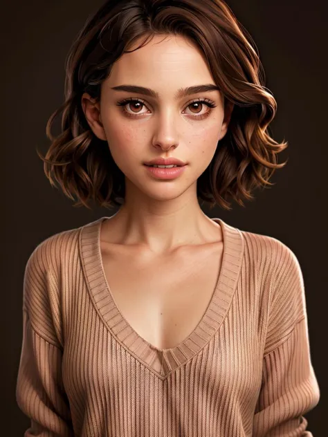 Foto realista de uma linda mulher n4t4l13p-v2,  1 garota, Sozinho, Olhando para o visualizador, cabelo curto, fundo simples, cabelo castanho, Olhos castanhos, parted lábios, dentes, verruga, suéter, lábios, verruga under eye, sardas, realista, verruga on cheek, iluminação suave, fotografia profissional, Photorealista, detalhado, CRU, analógico, foco nitído, 8K, alta definição, alta qualidade, obra de arte