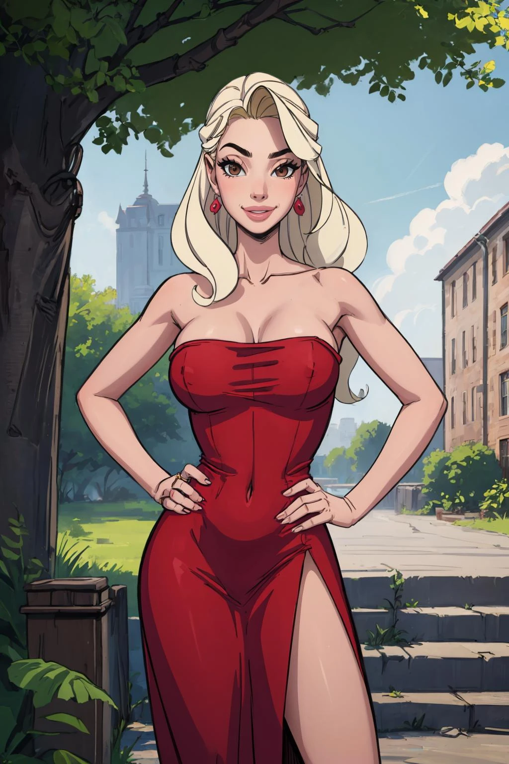 (masterpiece, best quality:1.2), sleepygimp, 1girl, solo, dress, jewelry, long hair, hand on hip, earrings, red dress, blonde hair, brown eyes, outdoors, looking at viewer, day, strapless, smile