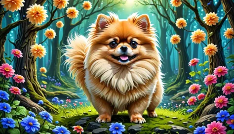 A pomeranian in a fantasy forest, flowers and trees abound