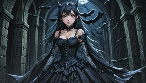 An anime woman in a dark castle, bats and cobwebs abound<lora:intenseMODE_md:1>