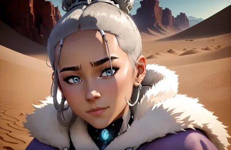 a close up of a person in a purple outfit in a desert