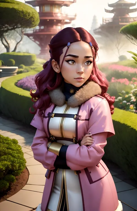 <lora:Katara:0.8> Katara  (waist and up Shot), (garden background), bokeh Fog Effects effect, Floodlight spot lighting, Ratcore Aesthetic, looking at camera, excitement expression, pouting, Emo hair, mahogany hair colour, lean body type, arms by side, gold pink, Duffle Coat, Pencil Skirt, Boots, Crouching, Taking a scenic drive to a nearby destination,