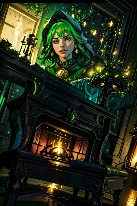 a close up of a painting of a woman with green hair