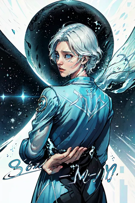 a woman with white hair and a blue shirt is standing in front of a space background