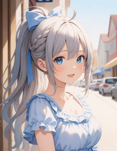 anime girl with long gray hair and blue eyes standing in front of a building