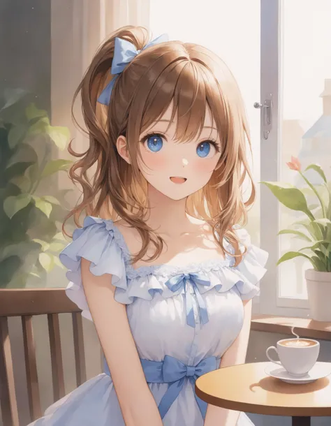 anime girl sitting at a table with a cup of coffee