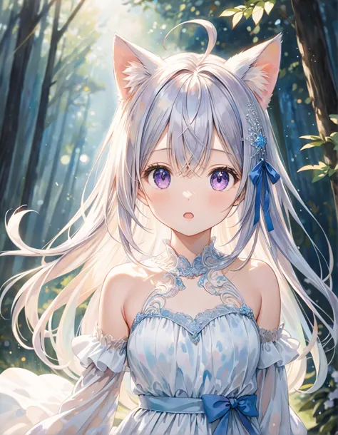 anime girl with long hair and blue dress in the woods