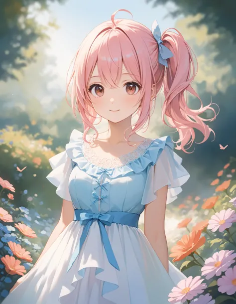 a girl in a blue dress standing in a field of flowers