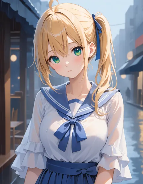 anime girl with ponytail hair and blue dress in a city