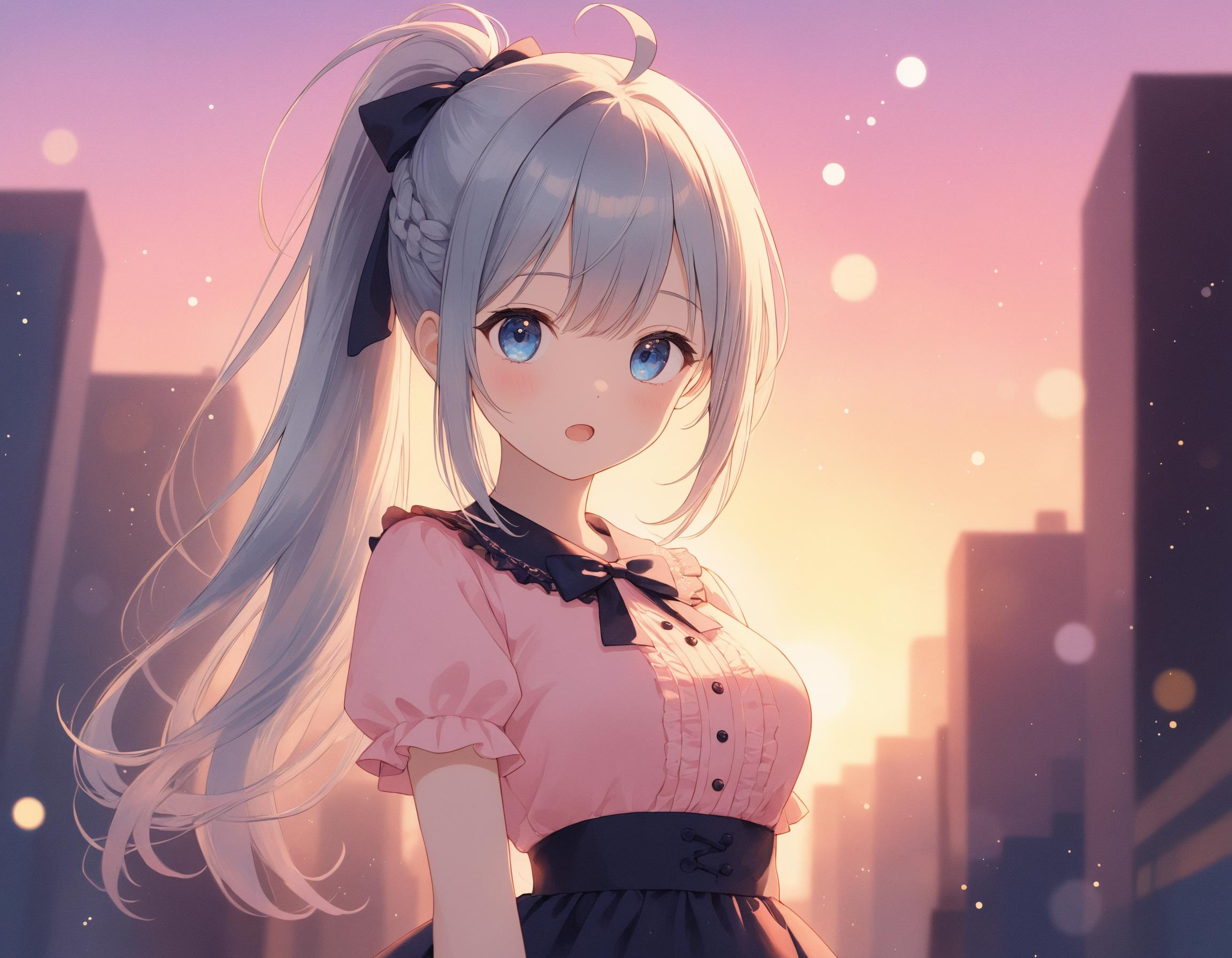 Anime girl with long hair and ponytail standing in front of a city - SeaArt  AI