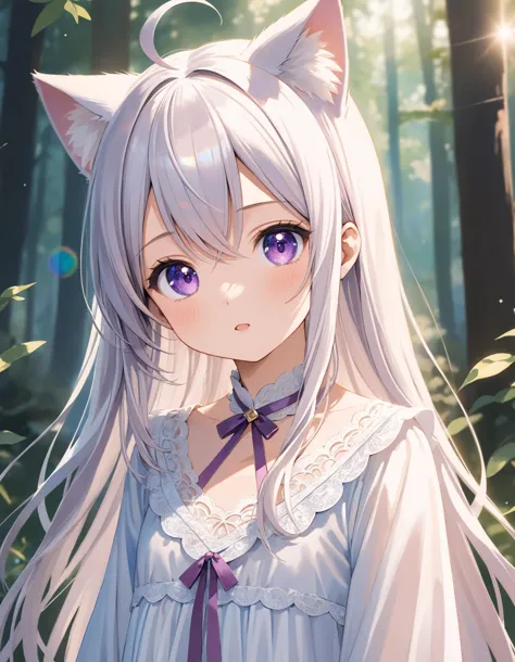 anime girl with long white hair and purple eyes in a forest