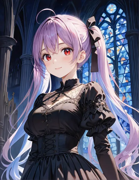 anime girl with long purple hair and black dress in front of a stained window