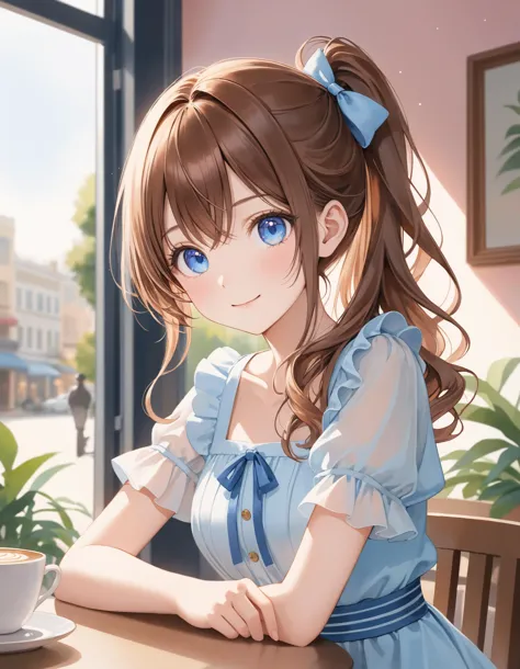 anime girl sitting at a table with a cup of coffee