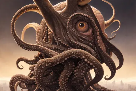 Der Oktopus hatte einen sehr großen Kopf, große Augen,Ganzkörperporträt, kompliziert, elegant, sehr detailliert, zentriert, digitale Zeichnung, artstation, Konzeptkunst, glatt, scharfer Fokus, Illustration, artgerm, tomasz alen kopera, peter mohrbacher, Giancola gespendet, joseph christian leyendecker, Wlop, Boris Vallejo