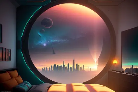 ein wunderschönes Sci-Fi-Schlafzimmer-Matte-Painting von John Harris, Sparth und Greg Rutkowski. scharfe Kanten, Tiffany-Blau, grau orange, weiß und golden. Sci-Fi-Schlafzimmer in einer Weltraumbasis, vor den Fenstern eine zukünftige Skyline, Lichteffekt. ultraklare Details, 3 Tage, octane render. 8 k