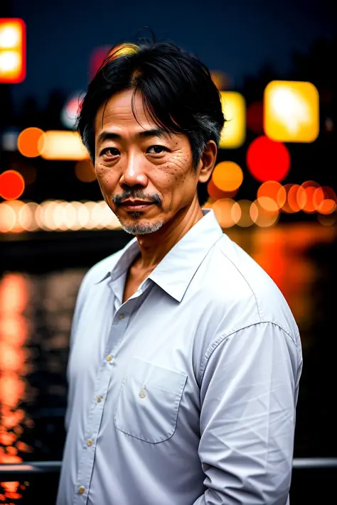 Foto CRU, uma foto de retrato de 50 anos.o homem japonês em roupas, noite Tóquio, (pele altamente detalhada:1.2), 8k hd, DSLR, iluminação suave, alta qualidade, grão de filme, Fujifilm XT3