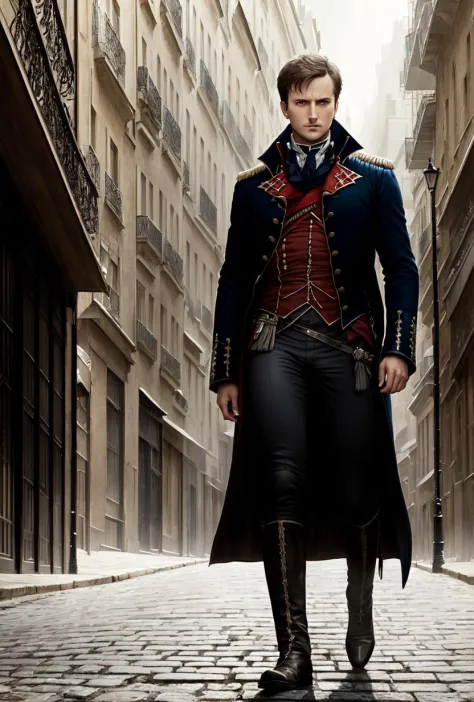 award winning closeup portrait Photo of Napoleon walking in 1800s Paris street, backlit, digital painting, concept art, smooth, sharp focus, rule of thirds, dark fantasy,intricate details, art by aleksi briclot and Greg Rutkowski, medium shot,  Style by Style-Empire, moonlit street