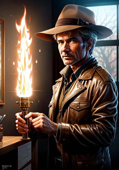 (extremely detailed CG unity 8k wallpaper), full shot body photo of the most beautiful artwork of  indiana jones holding a torch...