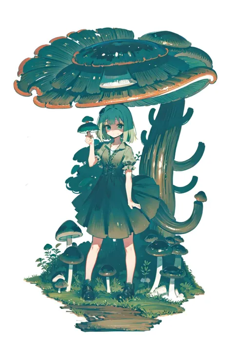 anime girl standing under a large mushroom in a forest