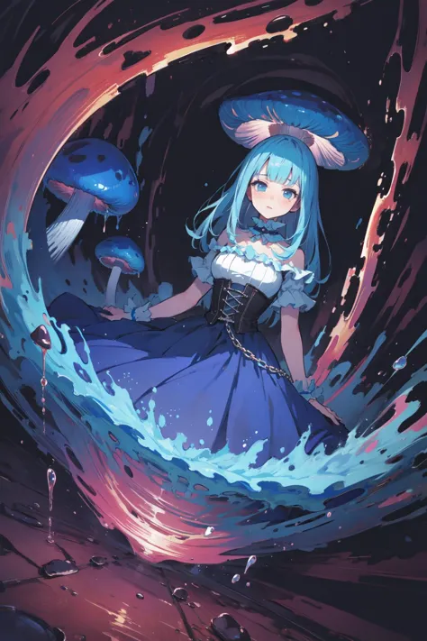 a girl in a blue dress and a hat standing in a tunnel