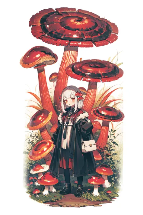 anime girl standing in front of a mushroom - like structure