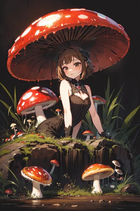 anime girl sitting on a stump with a mushroom umbrella