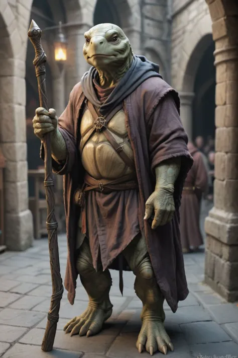 fantasy, realistic, male, Tortle,  very tall,  very old, wrinkled, Average build, Bald,   standing in medieval market, Wizard, w...