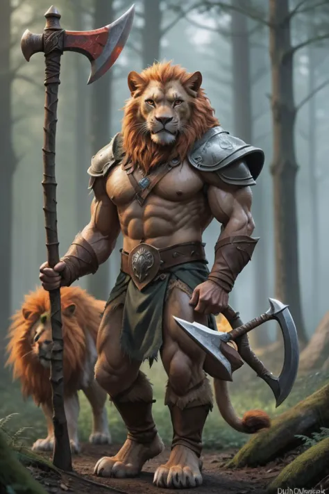 fantasy, realistic, male, catfolk,  lion, good looking, very tall, muscular build, large orange mane,  standing in forest, Range...