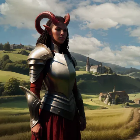 medium shot of a female tiefling Paladin wearing a breastplate, (red skin), sharp focus, intricate background of a countryside, ...