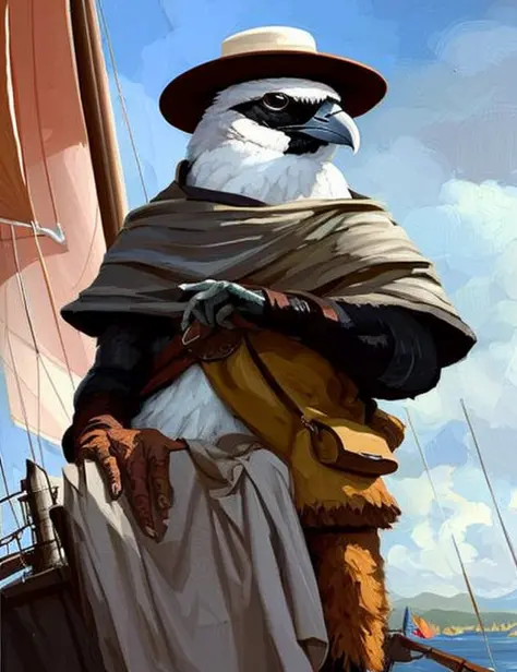 full shot painting (aarakocra) artificer with a gambeson and a panama hat, older, grizzled, stubble, white hair, [fat] [wrinkled...