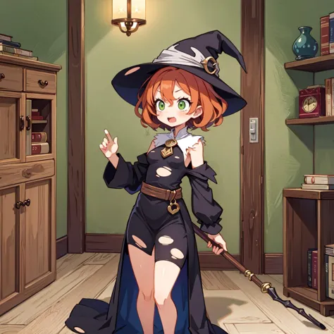 witch girl in a black dress and hat with a broom