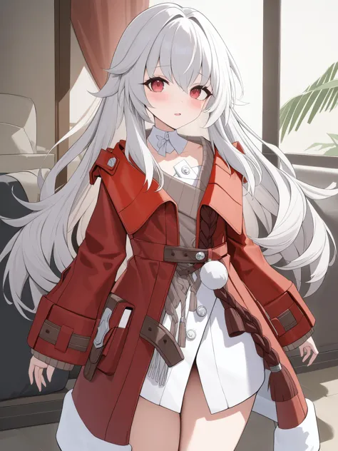 anime girl with long white hair and red coat standing in front of a window