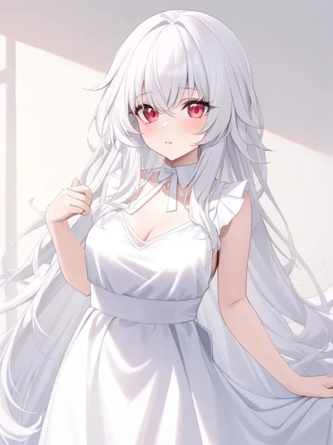 anime girl in white dress with long white hair and red eyes