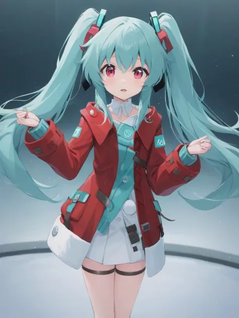 <lora:xl_kelala girl-000011:1>,red Coatventure\(clothing)\,hatsune miku,