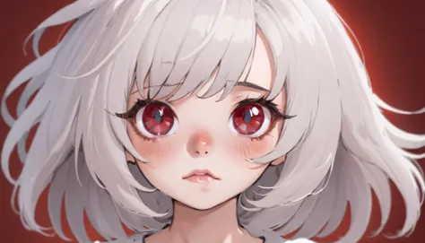 anime girl with white hair and red eyes staring at the camera