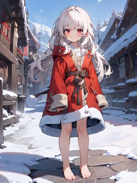 anime girl in red coat standing in snowy alley with snow covered buildings