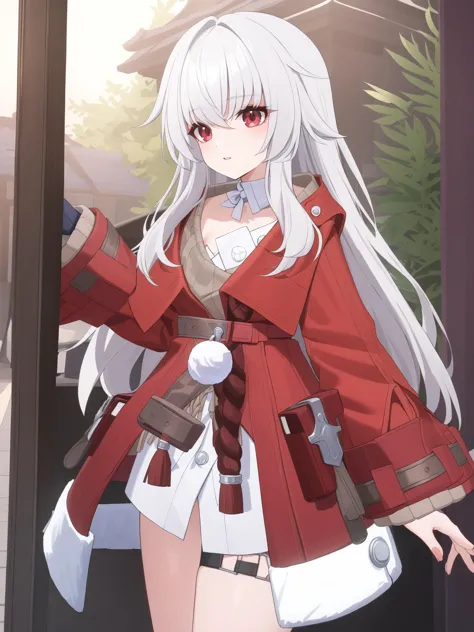 anime girl in red coat with white hair and red eyes