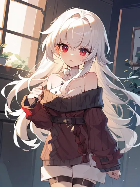 anime girl with long white hair and red eyes holding a cat